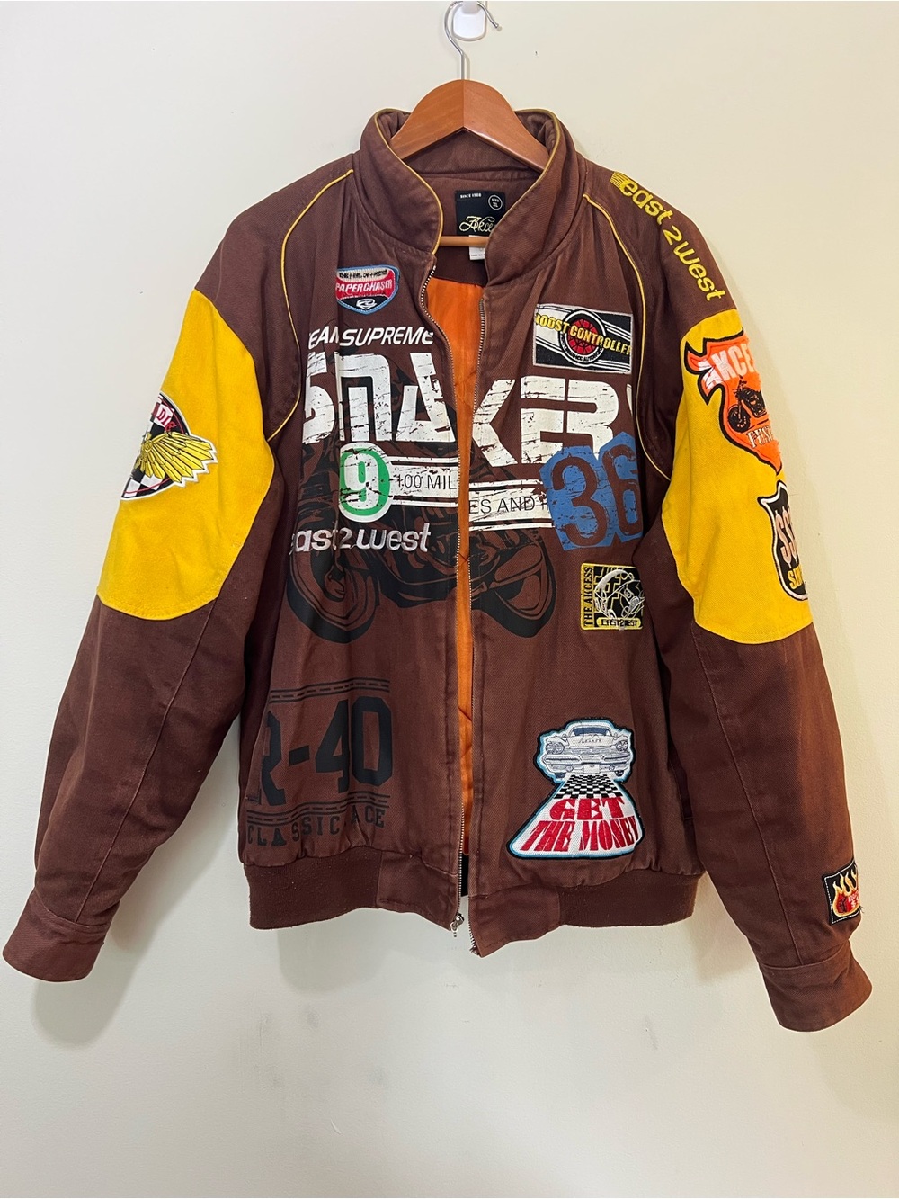 Rare AKCESS Racing Jacket XL Y2K
Streetwear Embroidered Patch Moto Bomber Brown